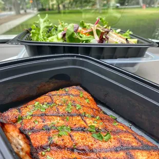 a piece of fish in a plastic container with a salad in the background