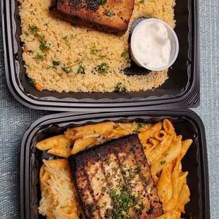Blackened tofu over cous cous with lemon garlic sauce; Tofu over penne pasta with jalapeño garlic sauce