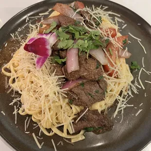 Chef&apos;s special spicy pasta with beef filet, absolutely delicious