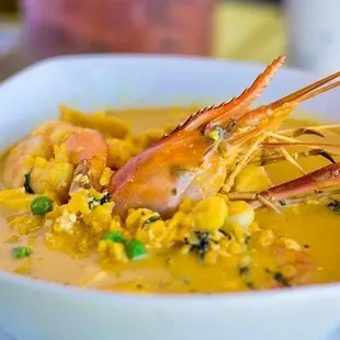 a bowl of seafood soup
