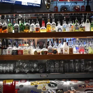 a shelf of liquor bottles
