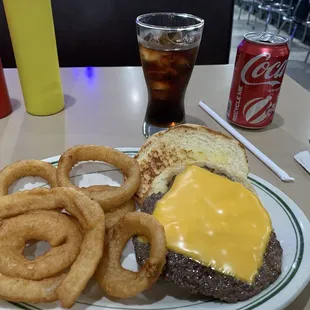 Cheeseburger with Onion Rings and a Coke