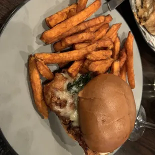 Chicken Gruyère sandwich with sweet potato fries