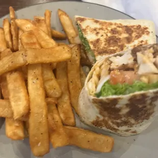 Buffalo chicken wrap and brew fries