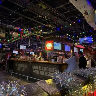 a bar decorated for the holidays