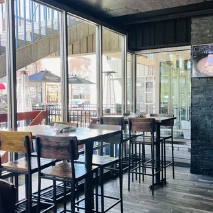 Front bar and view of outdoor dining area.