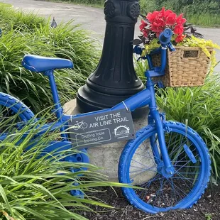a blue bicycle with a basket of flowers