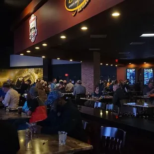 Long line.  In fact we waited 28 minutes on a Tuesday evening