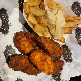 Chicken strips and garlic butter fries
