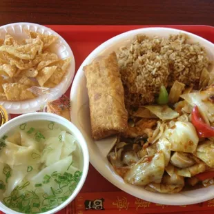 Schezuan Chicken with Wonton Soup &amp; Egg rolls with some crackers and hot chilli sauce.