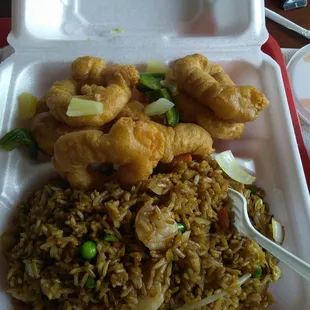 Shrimp fried rice an sweet an sour shrimp combo $13.55 quite expensive for lunch.