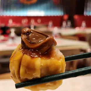 a close up of a dumpling on chopsticks