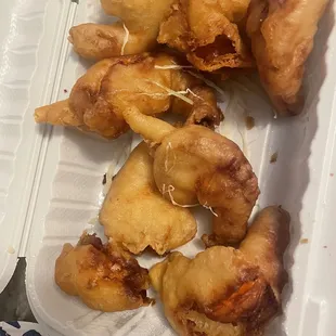 Burnt, overcooked Sweet and Sour Shrimp