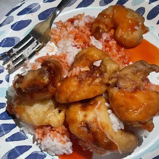 Burnt, overcooked Sweet and Sour Shrimp