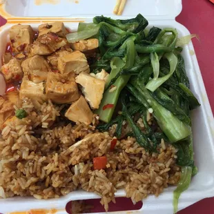 Ma po tofu and veggies with fried rice