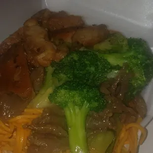 Teriyaki chicken , chow mein, broccoli beef
