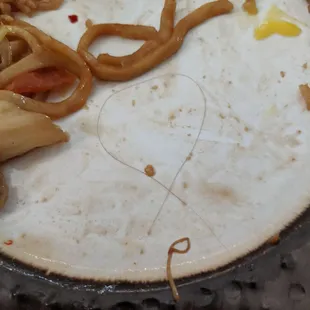 Hairs in beef lo mein.