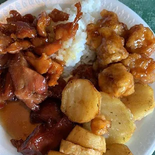 Bourbon Chicken. General Tso. White rice. Honey Chicken. Butter Potatoes.