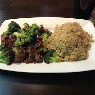 Broccoli beef and fried rice