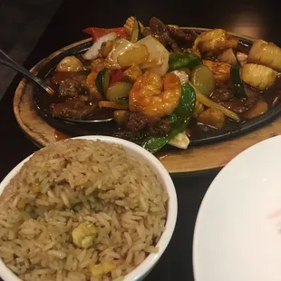Sizzling trio and fried rice.