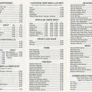 Menu as of May 2017