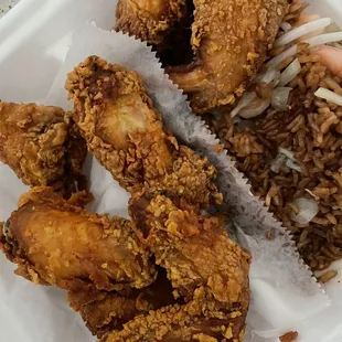 Shrimp fried rice (extra onion) with fried wings (crispy)