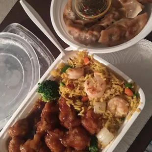 Generals Tso Chicken. Always crispy, just how I like it.  Good size shrimp in the Shrimp fried rice.  Excellent fried dumplings.