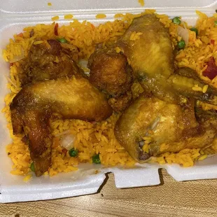 Fried chicken and pork fried rice.