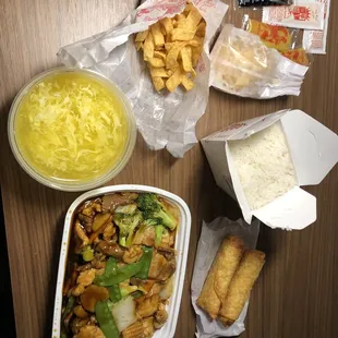 Four Seasons, egg drop soup, egg rolls and rice.