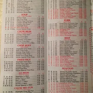 the menu of the restaurant