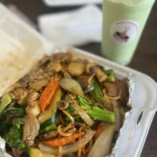 Honeydew Boba and Mongolian Plate
