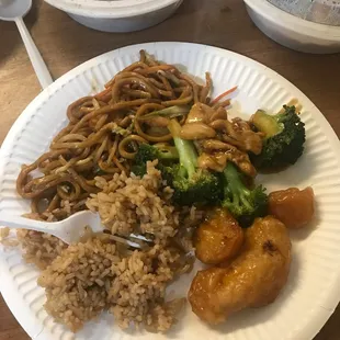 Fried rice, honey chicken, shrimp lomein