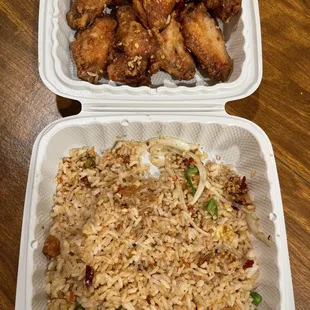 Dinner Platter with fried rice and salt and pepper chicken wings