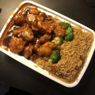 chicken, rice, and broccoli