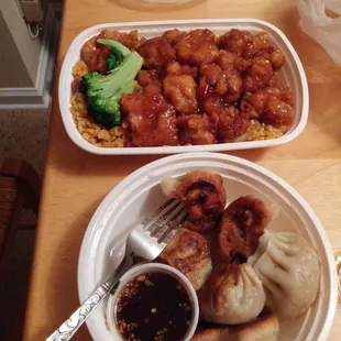 General Tso's chicken and pot stickers!
