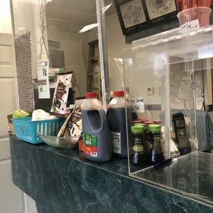 a counter with food items