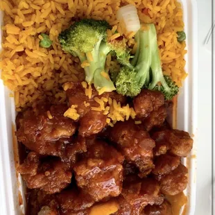 a close up of a meal in a styrofoam container