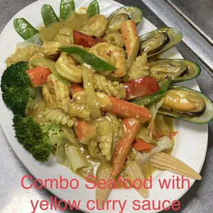 Shrimp, Squid, Green Mussels and Imitation crabmeats with your choice of sauce and served on a bed of mixed vegetables.