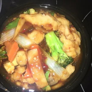 Szechuan chicken. I know it looks like a lot of just veggies but there is SO much meat under it!