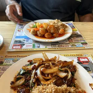 Mongolian beef and sweet and sour chicken