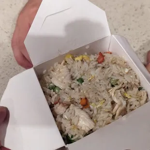 Fried rice didn't even reach the top of the box. Never have I seen this, ever.