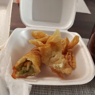 Cold egg roll and wonton with hardly any filling.