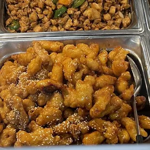 Sesame honey chicken. Crispy on the outside, NOT dry on the inside.