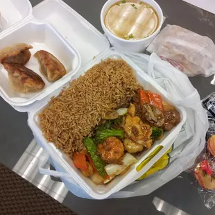 Happy family, fried rice, wonton soup and panfried dumplings