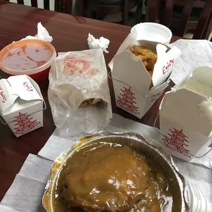 House special egg foo young, crab rangoon, sweet and sour chicken. Soooo good!!