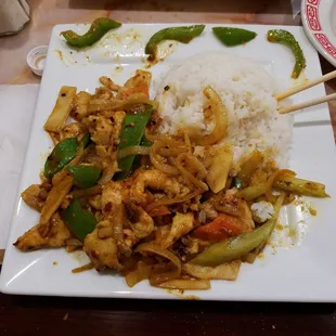 Curry chicken. Really good but PLEASE NO bell peppers!