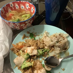 Moo Goo Gai Pan, Steamed Dumplings and Seafood Soup