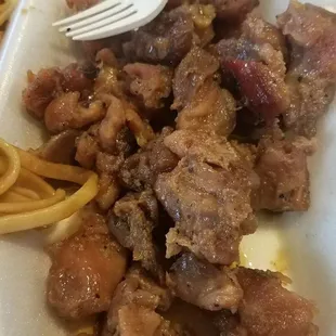 This is the bourbon chicken. It tastes as disgusting as it looks. Never again.