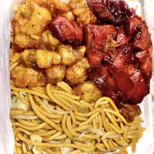 Orange chicken, BBQ Chicken &amp; chow mein combo for craving.