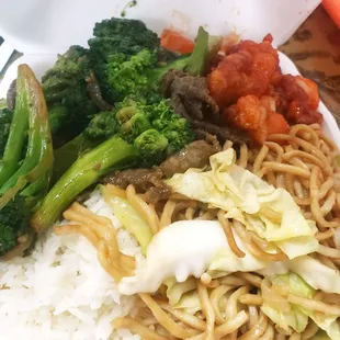 Sweet &amp; Sour Chicken with Beef &amp; Broccoli (1/2 rice and 1/2 chow mein)